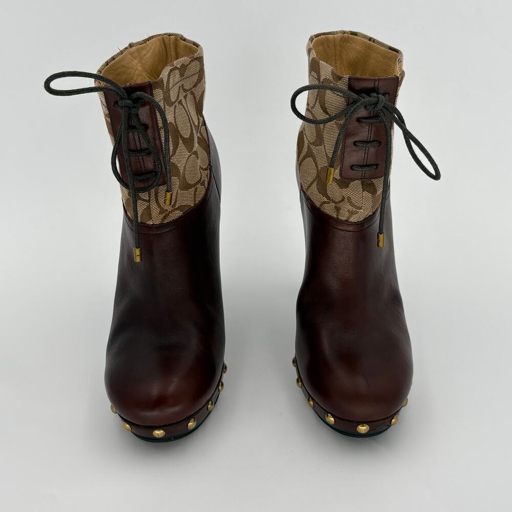 Coach F2370 Ediva Monogram Lace Up Block Heel Booties Brown Leather Size 9